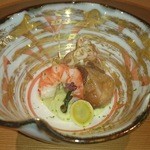 祇園迦陵 - 先付：海老、煮ダコ、茄子、銀杏