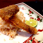 御料理 辰むら - 【2015年9月初訪時】揚げ物：鱧のあられ揚げとマツタケのフライ、近影。