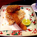 御料理 辰むら - 【2015年9月初訪時】揚げ物：鱧のあられ揚げとマツタケのフライ。個人的には「うーん」。