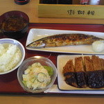 Toukai Fukishima Shokudou - サンマ、味噌カツ、ポテサラ、赤だし、小ライス