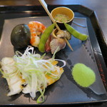 懐石一空 - 穴子白焼き、ミズ和え物、鮟肝、枝豆、巻き海老、茄子、ツブ貝