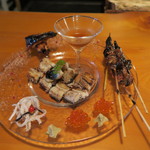 うなぎ屋酒坊・画荘 越後屋 - 27年9月　天然白焼き、白バラ湯引き、尾ビレ、肝、北海道イクラ