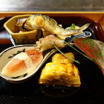 しのはら - 子持ち鮎の塩焼き、鯨ベーコン、いちじく、焼きとうもろこし、サツマイモいんちゃくシナモン掛け