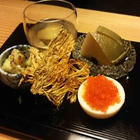 日本料理 幸庵 - 八寸（無花果ワイン煮、鮑肝そーす、瓜貝柱味噌あえ等）