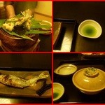 昇月 - 子持ち鮎（背骨、背ビレは予め抜いて下さってます）、蕪の三杯漬け、キャラ蕗の佃煮、蓼酢で・・