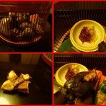 昇月 - 焼き栗、食用菊の酢の物、鯖の燻製胡桃添え・・