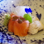徳山鮓 - 琵琶鱒のお造り、鰻の落とし