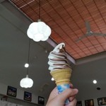 「にんにくソフト 白・黒ミックス (300円)」　バニラのところは白ニンニク、チョコのところは黒ニンニク♪