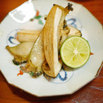 松川 - 【秋】岩手県産松茸と山口県産鮑のソテー（2015.09.26）