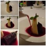 レストラン・モリエール - 洋ナシのブランデー煮と茄子の赤ワイン煮。
      茄子のデザートは珍しいですが、赤ワインと合うのですね。