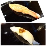金寿司 - ◆ズワイカニ・・大き目の足ですので蟹の旨みを感じます。
            ◆スルメイカ・・身がコリコリで美味しいですよ。