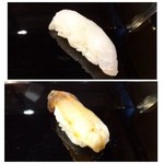 金寿司 - ◆上：平目。塩とカボスで頂きます。甘味を感じ美味しい。
            ◆下：ホッキ貝・・黒ではなく茶ホッキです。普通に美味しいかしら。
