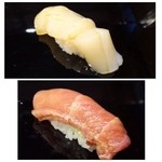金寿司 - ◆帆立・・大粒ですので甘くて美味しいこと。中トロヅケ・・端のみ軽く炙ってあります。上品な油で美味しいこと。