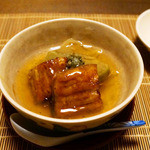 祇園 にしかわ - 温菜　賀茂茄子、鰻、ケッパーの屑餡かけ(2015/8月撮影)