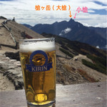 燕山荘 - 生ビール（中）（税込800円）
      燕岳の反対側は槍ヶ岳。
      先月に行った槍が遠くに見えます。