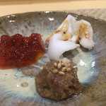 鮨 はしもと - 2015/9_つまみ⑤秋刀魚の肝の味噌和え、新イカ、筋子