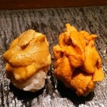 馬糞雲丹(右)と紫雲丹。馬糞雲丹はみょうばんを感じさせない新鮮さ！