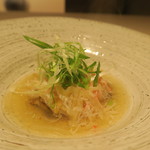 日本料理 みや  - 27年10月　鮑フリット炊き合せ　フカヒレ、ズワイガニ、九条葱