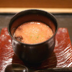 虎白 - 「煮物」トマト、桃、蓴菜、底にはトウモロコシゼリー　2015年7月