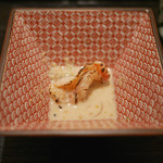 虎白 - 「先付」活車海老と芋茎に胡麻ソース　2015年7月