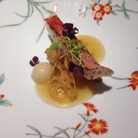 ステーキ懐石都 春日 - 2015.10月ランチ 鯛、蓮根まんじゅう、魚介スープあんかけ、エノキソース添え