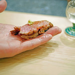 初音鮨 - カマシタトロの漬け握り（炙り）