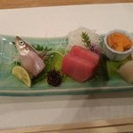 小料理　藁 - ししゃも、マグロ、うに、ホタテ...マグロとウニが特に美味しかった♪因みにワサビは山わさび☆