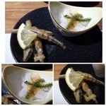 Shunshiki Shu Akaishi - ◆お通し・・「ワカサギの南蛮漬け」と「オバイケ(さらし鯨）」
                        ワカサギの南蛮漬けは酸味が強くないので、美味しく頂けます。
                        さらし鯨の酢味噌は梅味がしました。
