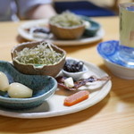 活鰻の店 つぐみ庵 - 「お摘み盛合せ」ラッキョ、昆布、シラスおろし、唐墨　2015年8月