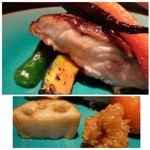 大どころ - この厚み、素晴らしい・・^^赤ムツは脂ものり甘みも感じて美味しいこと。コレだけ厚みがあると旨みをより感じます。
      焼き野菜は「自家製肉味噌」で頂きますけれど、この「味噌」がまた美味しいのですよ。