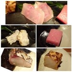 大どころ - ＊呼子のアラ（２０kgの品）・五島の鮪（トロ部分）・大分の鰆（昆布〆にして片面のみ炙ってあります）・対馬の穴子（炙り）・
      大分の鯵。
      何時もながら新鮮で質もよくどれも美味しい。