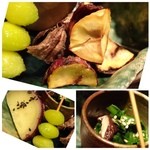 大どころ - ＊上：揚げ栗
      左下：なると金時・銀杏素揚げ。
      右下：ツルムラサキとシイタケの和え物。
      どれもツマミに最適です。