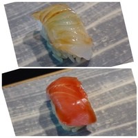 鮨 麻生 平尾山荘 - 最初に「にぎり2貫」がだされます。
                ＊オウメ鯛（長崎産）・・初めて頂きますが、身に弾力がありますね。
                ＊五島の鮪・・中トロです。上品な脂で美味しいですよ。