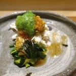 上海蟹と渡り蟹、毛蟹の和え物 上海蟹味噌とオクラのソース
          