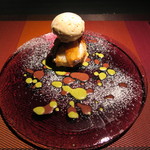 エクアトゥール - 27年10月　焼きモンブランとラムレーズンアイス　ピスタチオ・チョコーソース