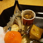 水上山荘 - [料理] 小魚南蛮漬け / 粟麩くわ焼き / えりんぎバジル / 鮭手鞠寿司