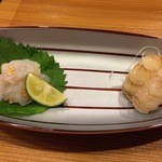 鮨 志の助 - 赤イカのげそ・ガスエビ（生姜醤油・山葵醤油・粗塩で）