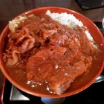 焼肉ホルモン しんちゃん - 豚バカレー根性盛り(味噌汁付き)＋ご飯＋ルー＋とんかつ＋生卵