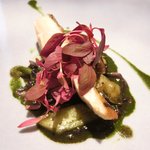 ル スプートニク - ランチコース 7128円 の大岩魚のポワレ 鮑のヴァプール 鮑の肝とハーブのソース 黒米のリゾット