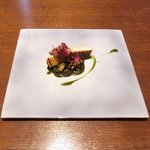 ル スプートニク - ランチコース 7128円 の大岩魚のポワレ 鮑のヴァプール 鮑の肝とハーブのソース 黒米のリゾット