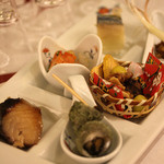 Kappou Hinanoyakata - 酒肴(鰆西京焼、あんこう肝、鯖棒寿司、ニナ貝塩茹で、落子・久留巳・栗煎餅、エシャロット)