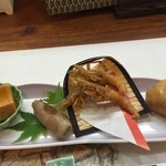 川佐 - 左から友禅豆腐・豚肉バナナ巻・小エビから揚げ・ほたて真薯