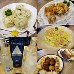 手作りシューマイ￥360/鶏の唐揚げ￥500/塩焼きそば￥380/ミックスやきとり(4本入り)1皿￥320/トライアングルインディゴ￥1650/タンサン(レモン付き)￥120