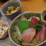 うえだや - 『1600円ランチ』お造り、柿の白和え、ジャガイモとお麩の煮物