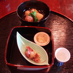 Rendai kan - 筍の木の芽和え・蛍烏賊の酢味噌添え・野菜と肉団子の煮物
