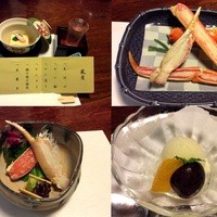 網元本館 - 先付け・かに酢・かに造り・水菓子。かに身はきれいに取れる。