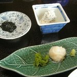 伊豆 薫風 - イカの刺身、御飯のお供の海苔の佃煮と　しらすおろし