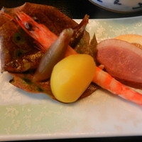 料理旅館呑龍 - 八寸（もろこ、活車海老ゆで、栗の甘露煮、鴨ロースオレンジ、甘酢づけみょうが）