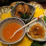 青華こばやし - 27年10月　前菜3種　牡蠣時雨煮、筋子、塩辛