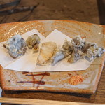 柳家 - 天ぷら（左から ナラ茸、クリ茸、松茸、香茸、天然舞茸）　(2015/10)